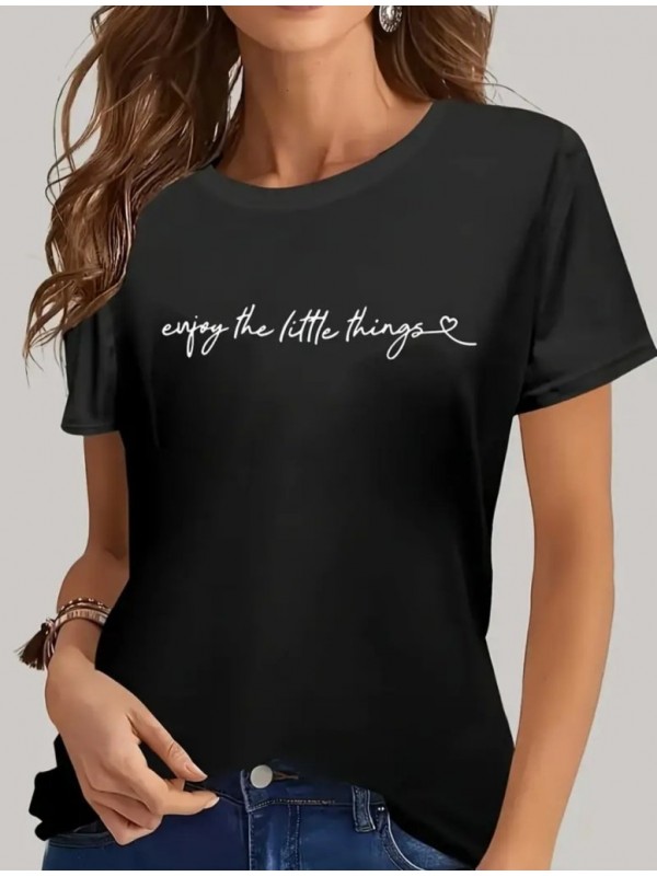 Kadın Kısa Kollu önü Yazı Baskılı Basic Süprem Bluz, 25267